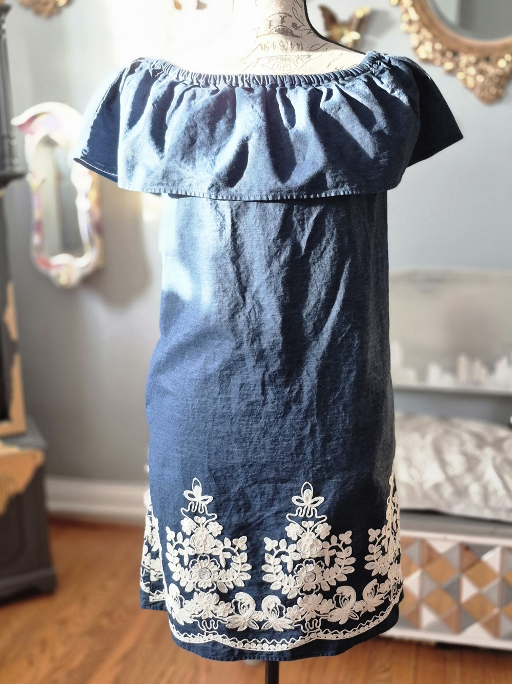 Westport Coastal Cowgirl Dark Blue Elastic-Waist Chambray Skirt Small